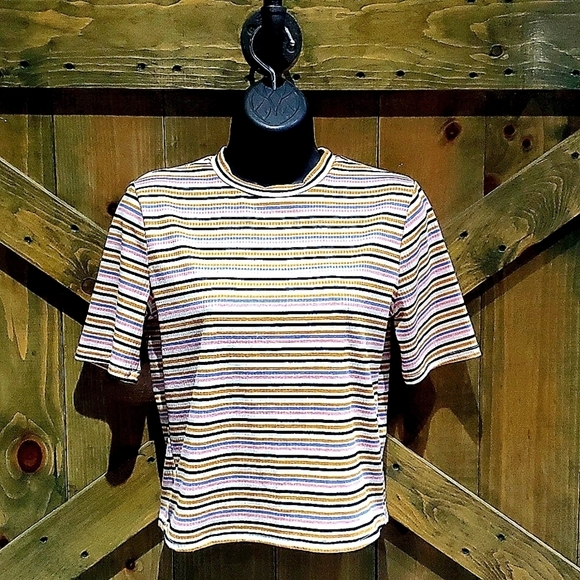 Gianni Bini Tops - GIANNI BINI STRIPED STRETCH CROPPED BABY TEE TOP ROUND NECKLINE